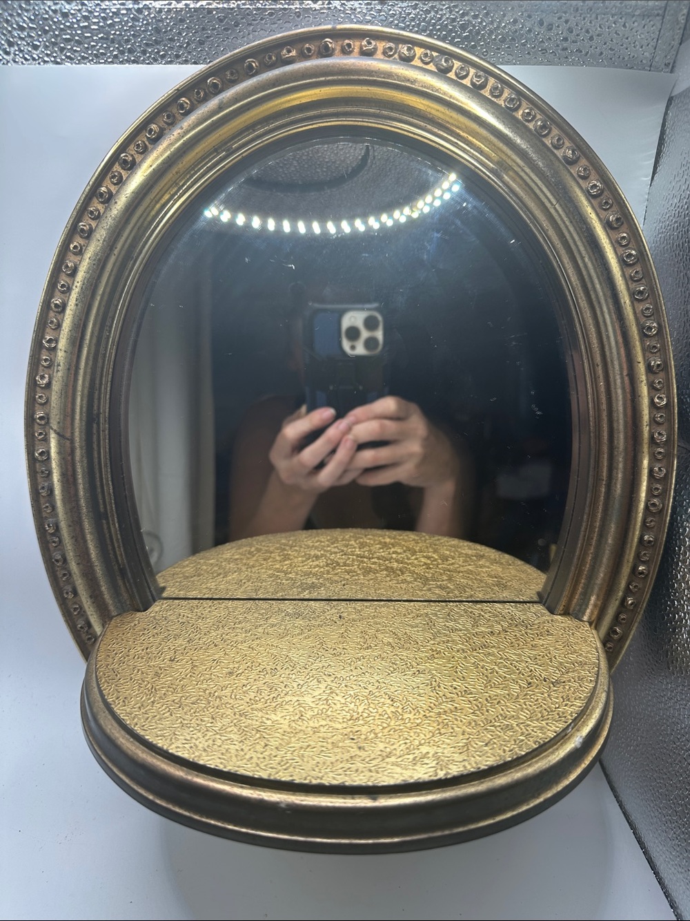 MCM Vintage Gold Oval Wall Mirror Shelf